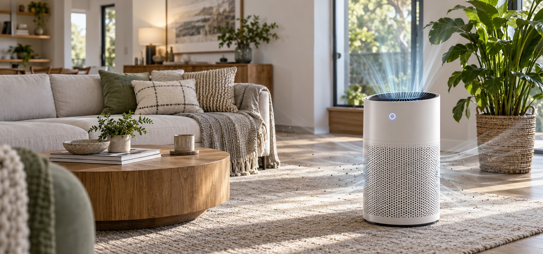 Realistic residential interior showing a portable air purifier operating in a living room, with subtle visual representation of filtered air, dust and airborne particles.
