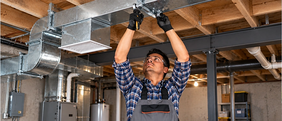 Technician installing ductwork for the best indoor air quality solutions in Calgary homes - Proton HVAC