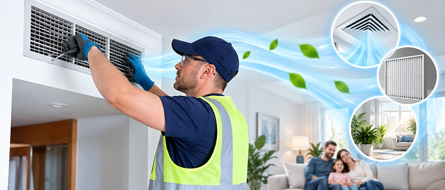 HVAC technician servicing an air vent for indoor air quality solutions in Calgary - Proton HVAC