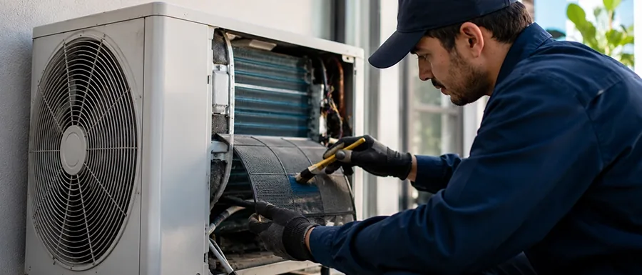 HVAC technician performing AC Maintenance Calgary service on residential air conditioner outdoor condenser unit