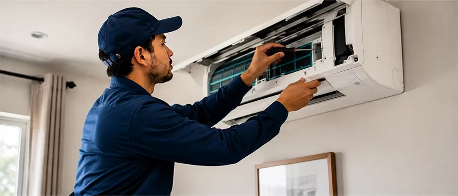 Technician providing Air Conditioner Repair Calgary service on malfunctioning residential cooling system outdoors