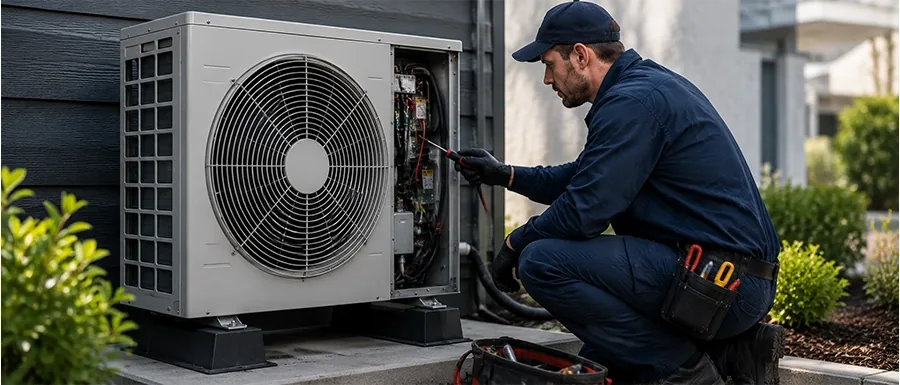 Certified technician performing Heat Pump Repairs in Calgary on residential outdoor heat pump system