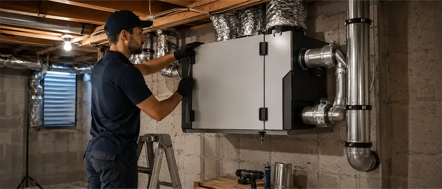 Licensed Proton HVAC technician installing an HRV ventilation system in a Calgary home.