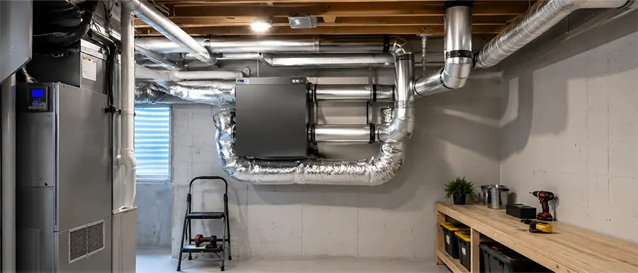 Certified Proton HVAC technician inspecting a residential HRV and ERV ventilation system in Calgary.