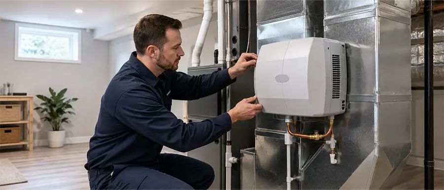 Certified Proton HVAC technician installing a whole-house humidifier on a furnace in a Calgary home.