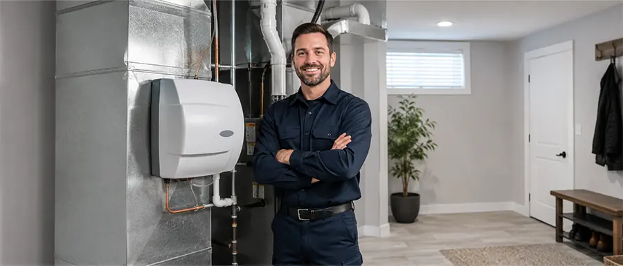 Licensed Proton HVAC technician installing a whole-house humidifier in a Calgary home.